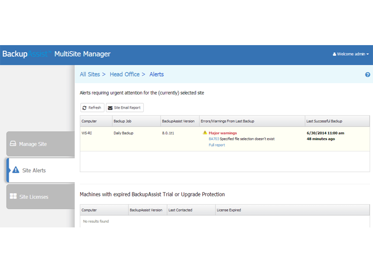 MultiSite Manager sends alerts for all major warnings on your remotely managed BackupAssist installations