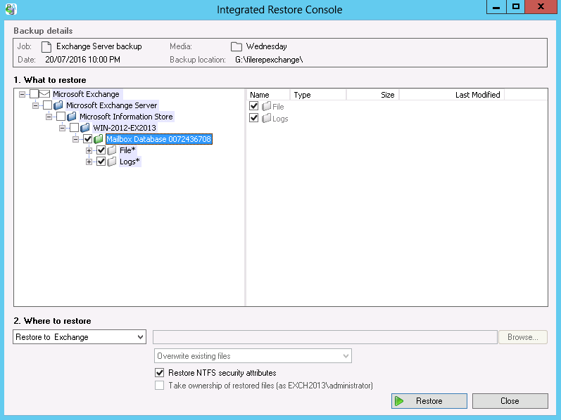 Exchange Server restore