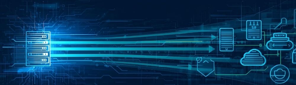 Digital network illustration with a server sending data streams to cloud platforms and connected infrastructure.