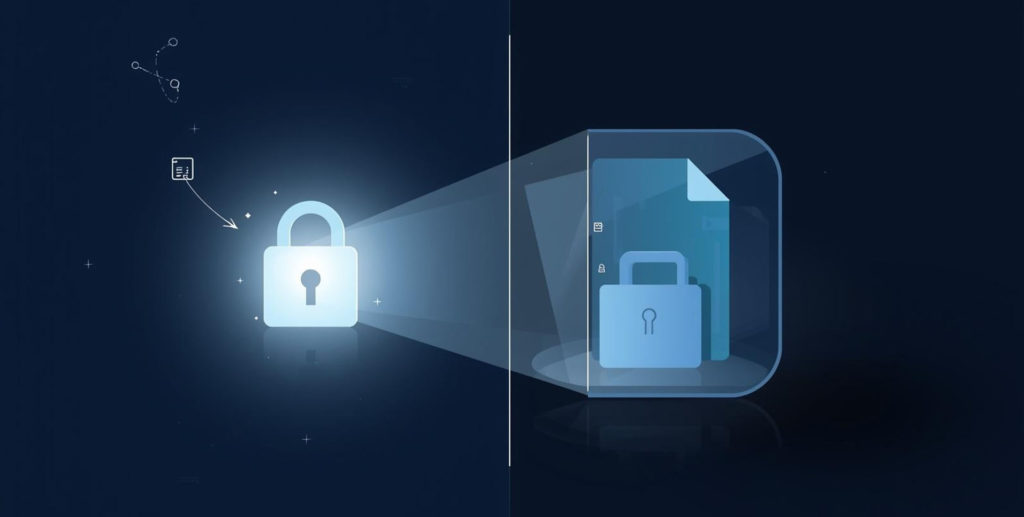 Visual depiction of cybersecurity showing a lock converting into a protected file within a secure digital environment.