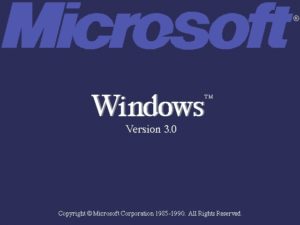 Classic Microsoft Windows Version 3.0 screen with prominent logo and minimalist text on a deep blue background.