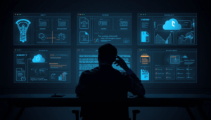 Person silhouetted in a dark workspace monitoring glowing AI dashboards and cloud data screens at night.