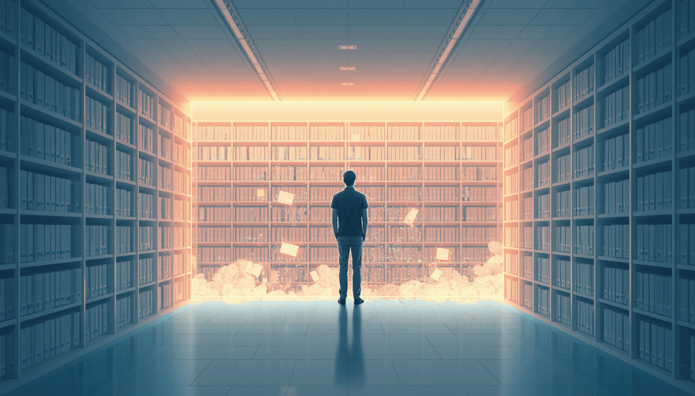 Person standing in a glowing archive room as digital files and records dissolve into light, symbolizing AI data loss and disappearing access.