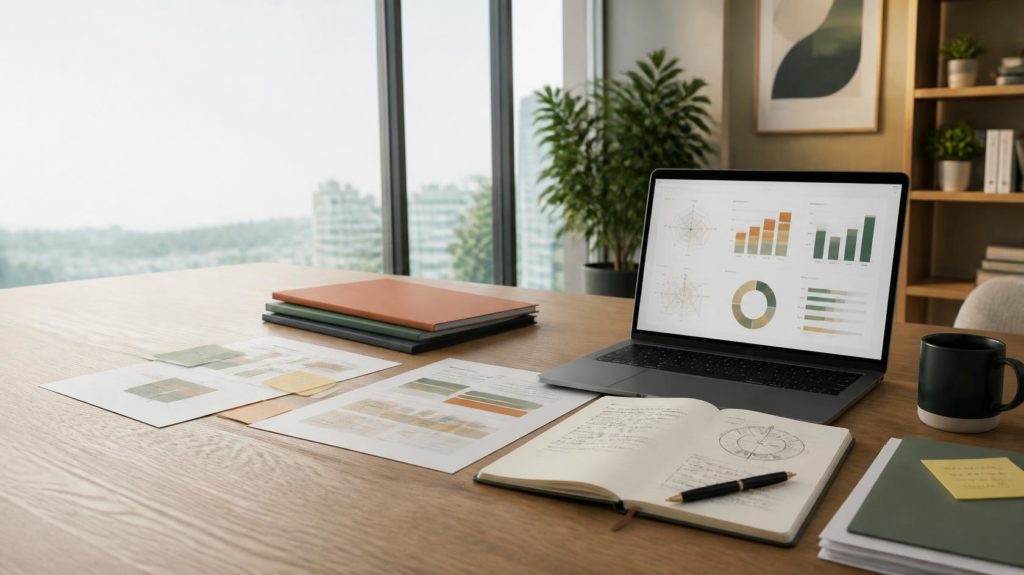 Executive workspace with cybersecurity framework comparison documents, charts, and analytics dashboard illustrating cybersecurity framework evaluation for small businesses.