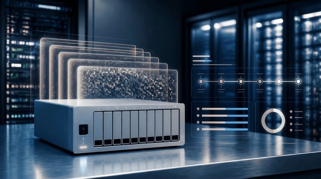 NAS device displaying multiple snapshot layers with a server rack in the background, illustrating NAS snapshots for ransomware protection and data recovery.